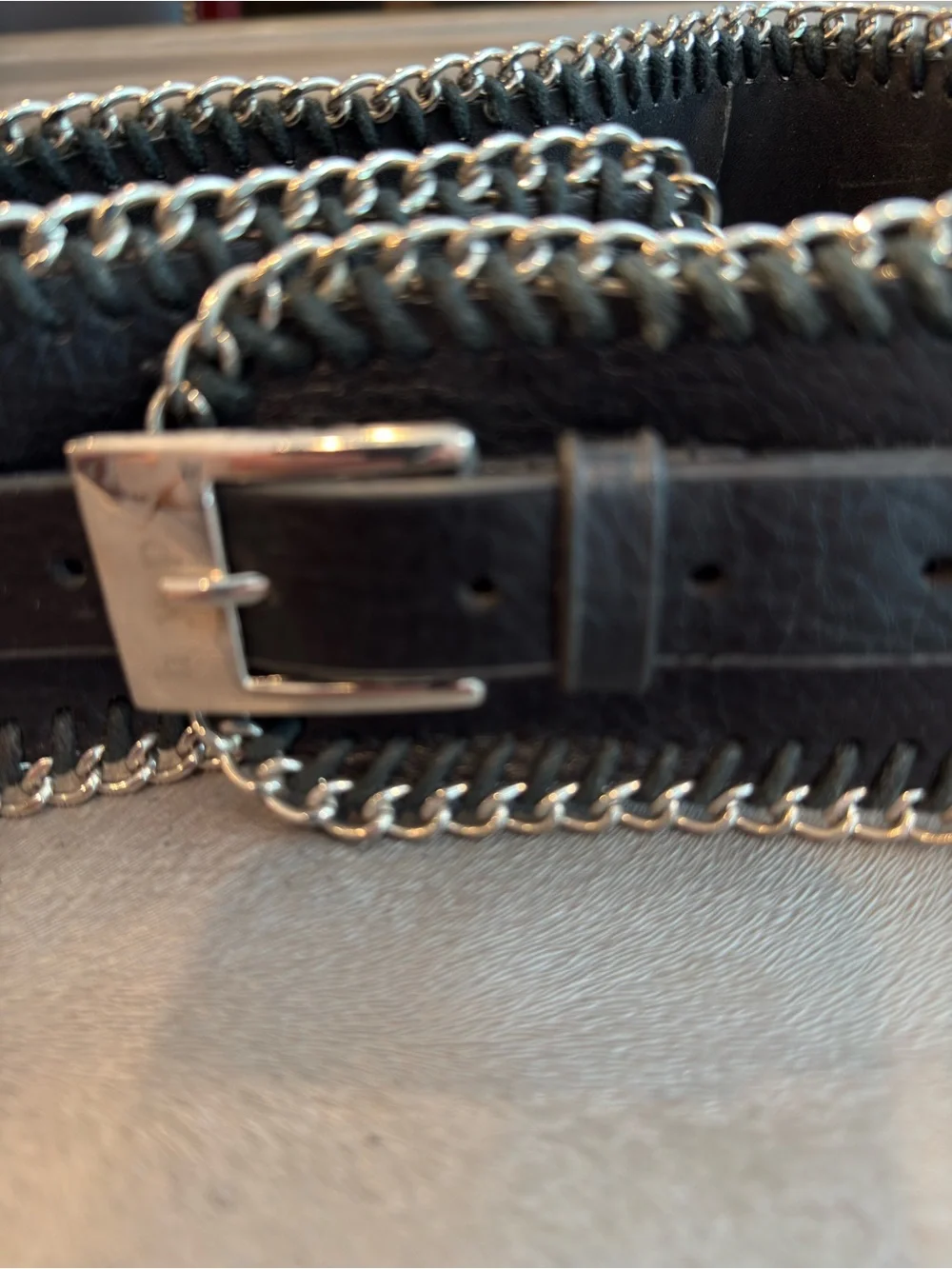 Black Leather womens Chain-Trim Belt